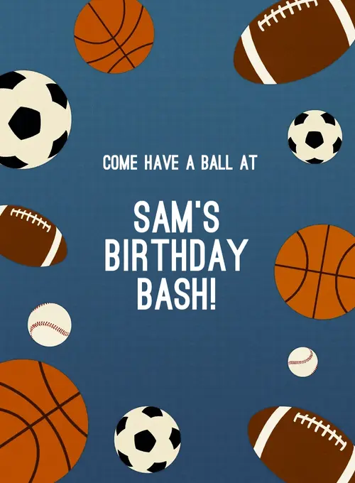 A sports-themed invitation featuring a variety of sports balls.