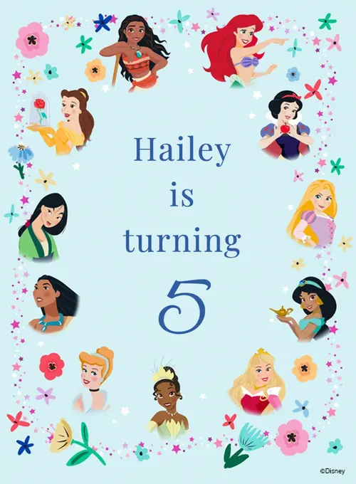 An invitation featuring all of the Disney Princess characters.