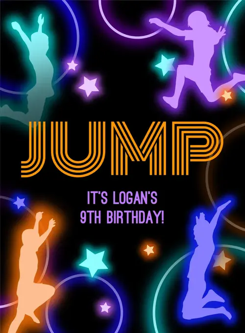 An invitation featuring "JUMP" in neon letters and neon outlines of people jumping.