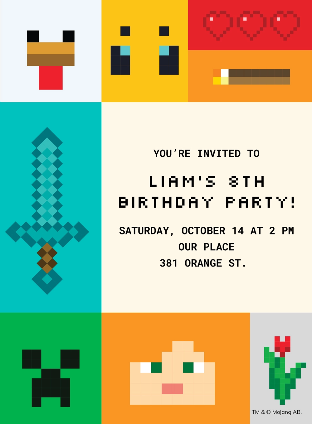 kids invitation with a grid of Minecraft graphics