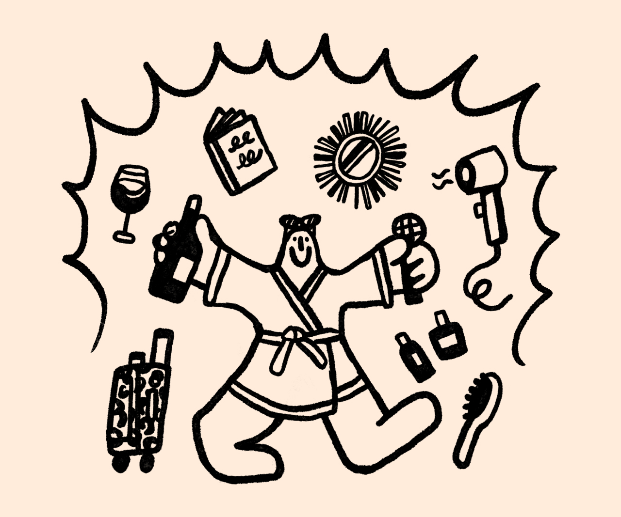 Illustration of a person in a bathrobe surrounded by gifts.