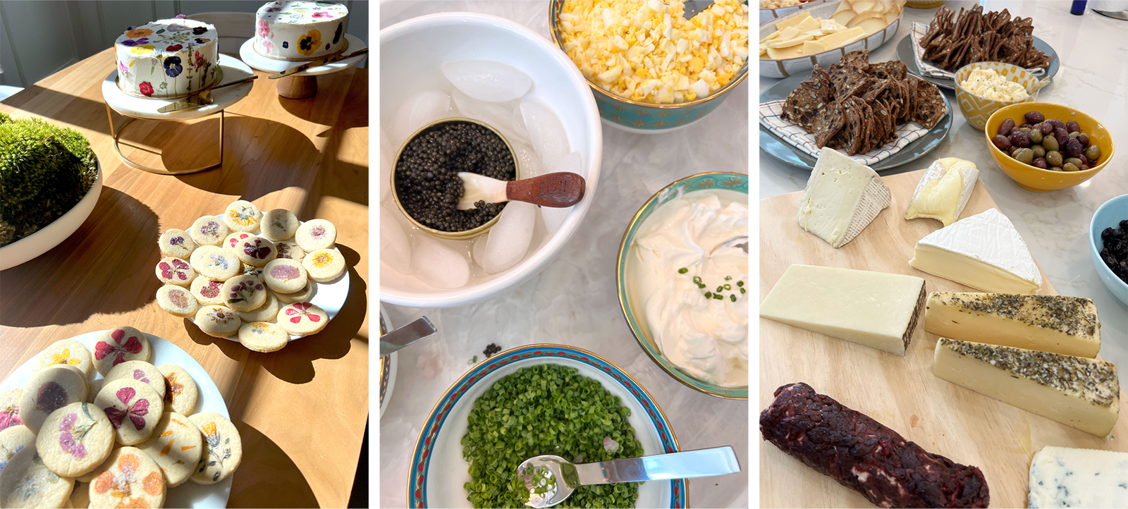 Triptych of cookies, garnishes and cheeses.