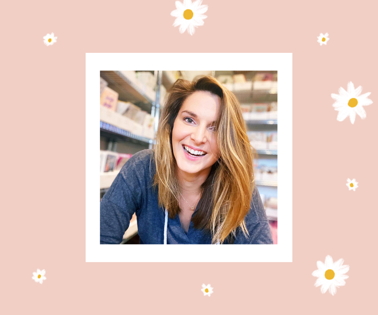 Alicia Heater smiling with a surrounding pink frame filled with small white flowers.