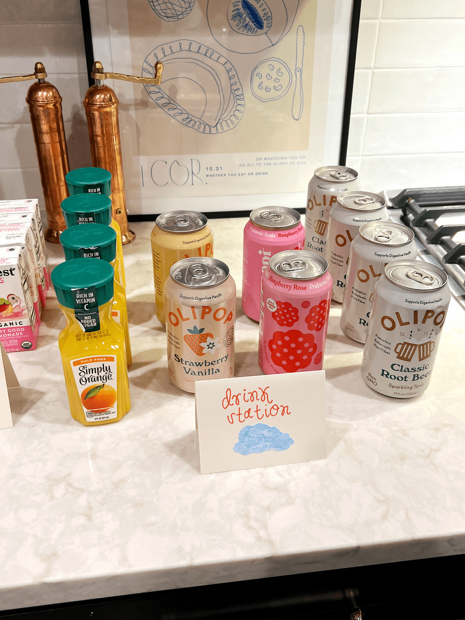 Rows of beverages at the drink station.