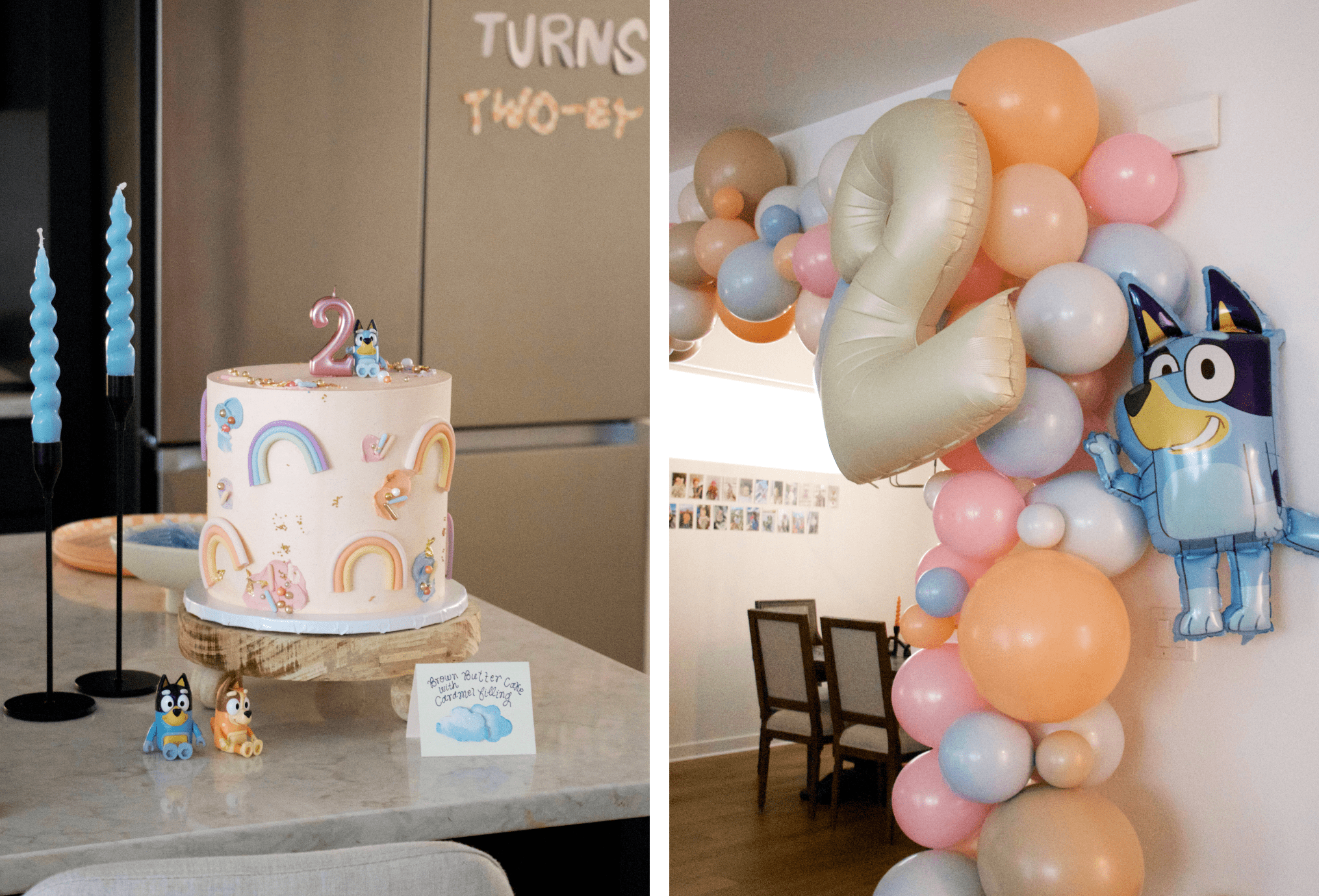 A picture of the birthday cake and a picture of balloons,