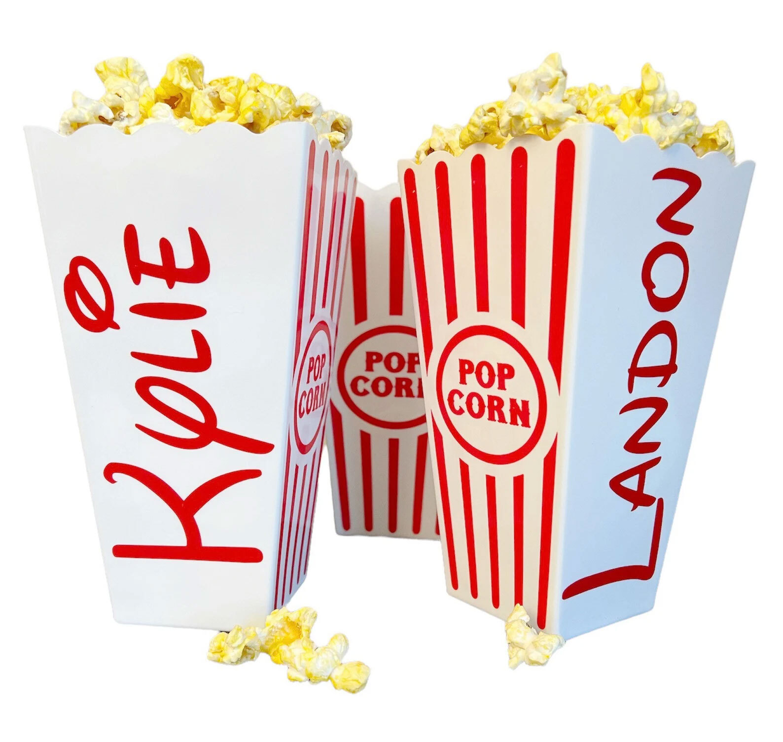 Personalized popcorn tubs.
