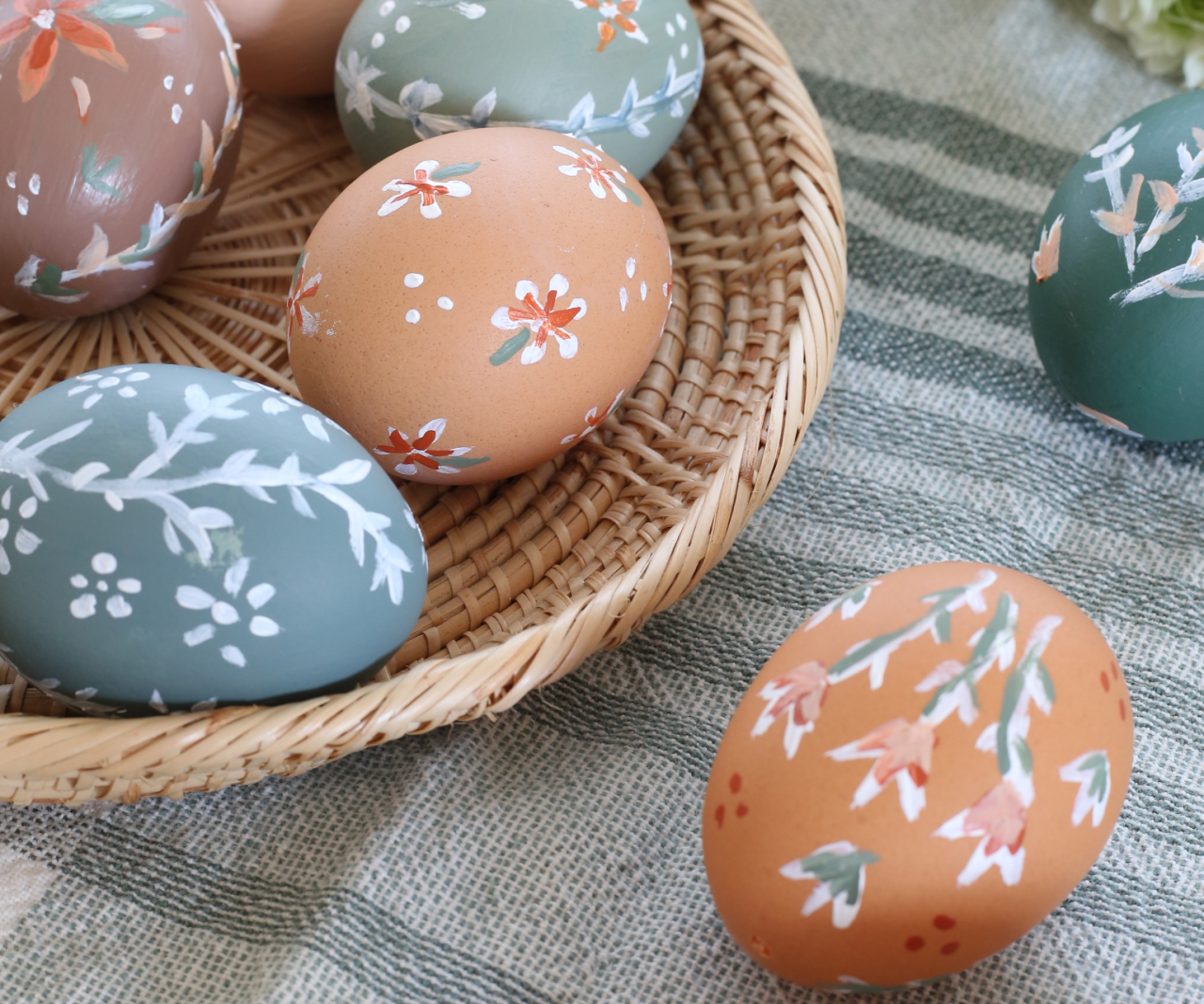 Easter eggs decorated with painted flowers.