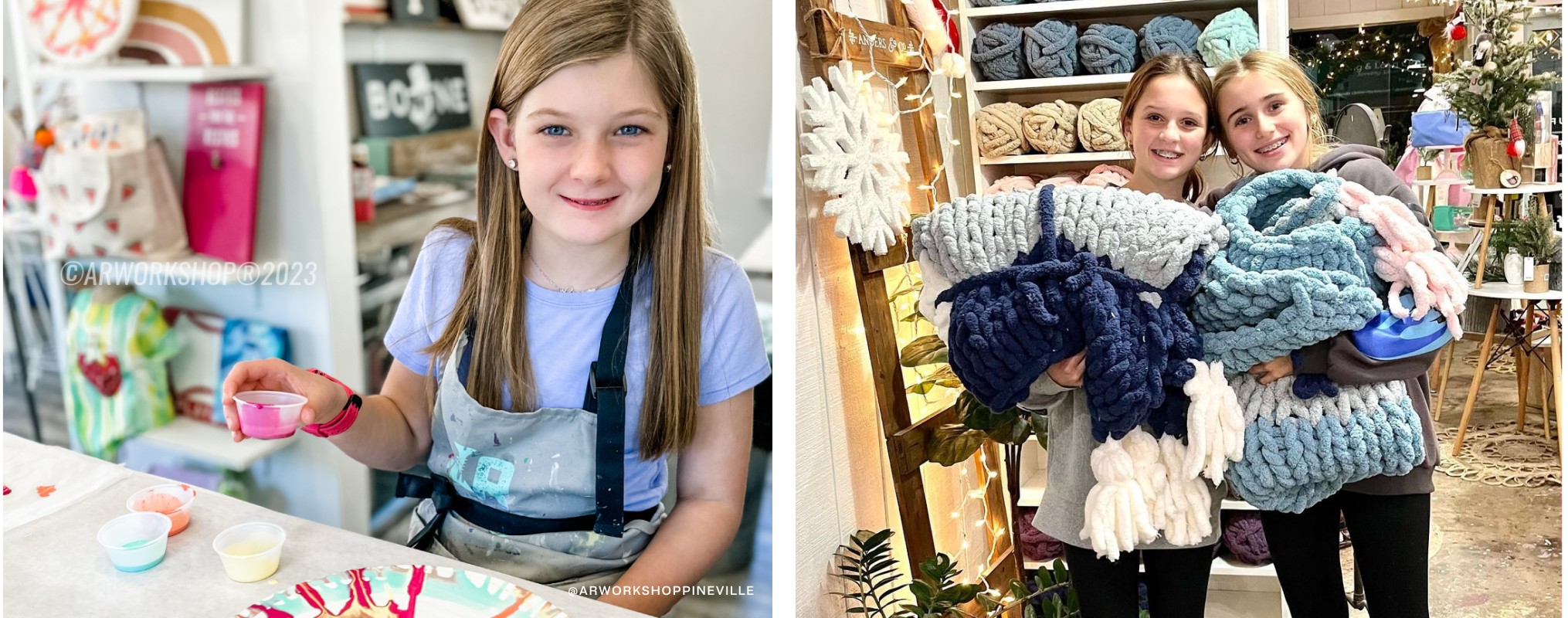 On left, a girl holding paint. On right, two girls holding giant knit blankets.