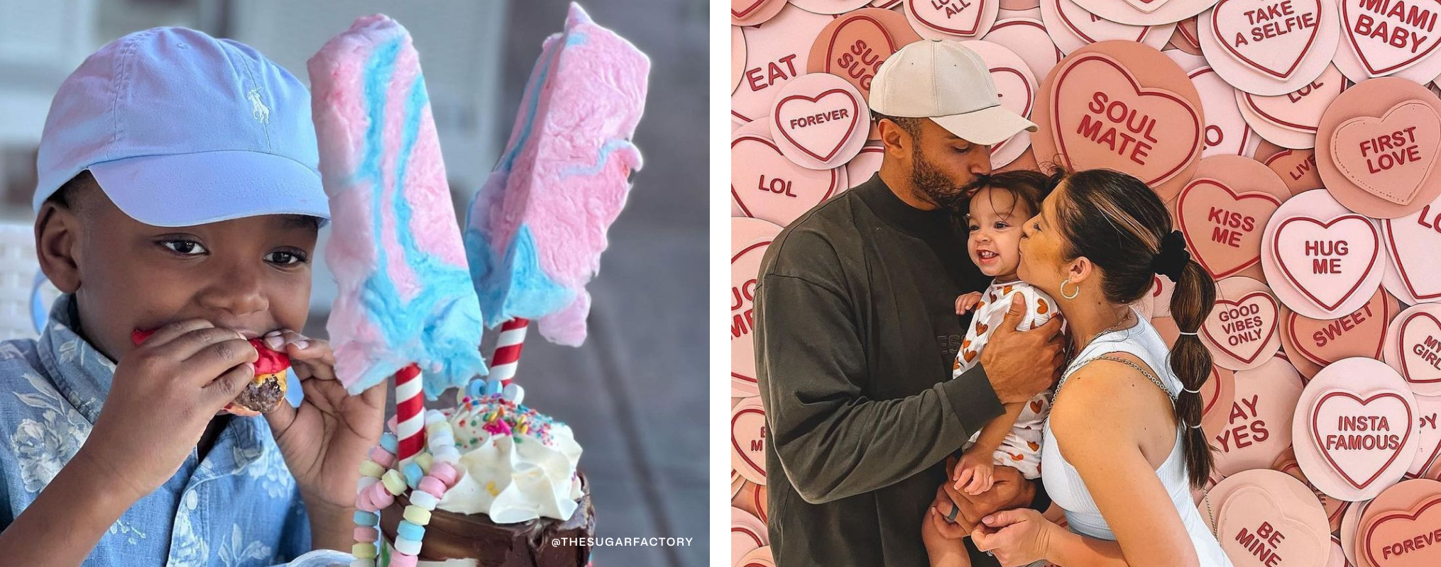 On left, a boy eating a burger next to a giant sundae. On right, parents kissing their daughter on the cheek.