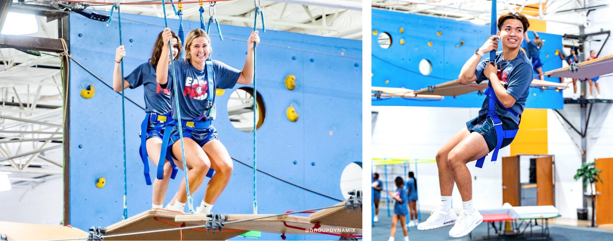 Images of teens on ropes courses.