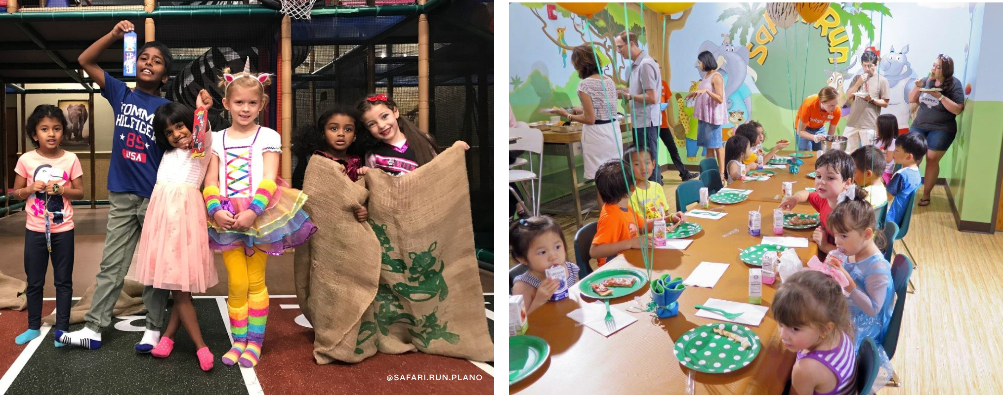 On left, kids posting at Safari Run. On right, kids eating pizza at a long table.