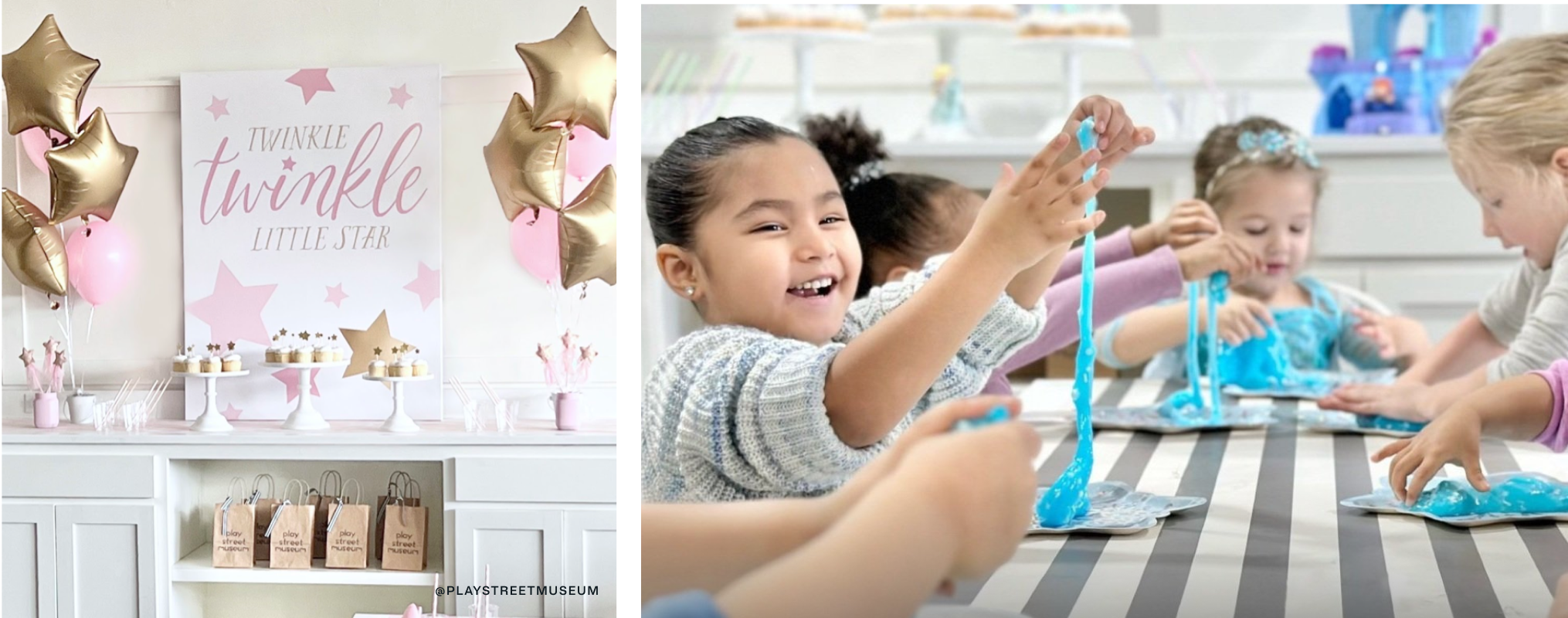 On left, a decorated dessert table. On right, kids playing with slime.