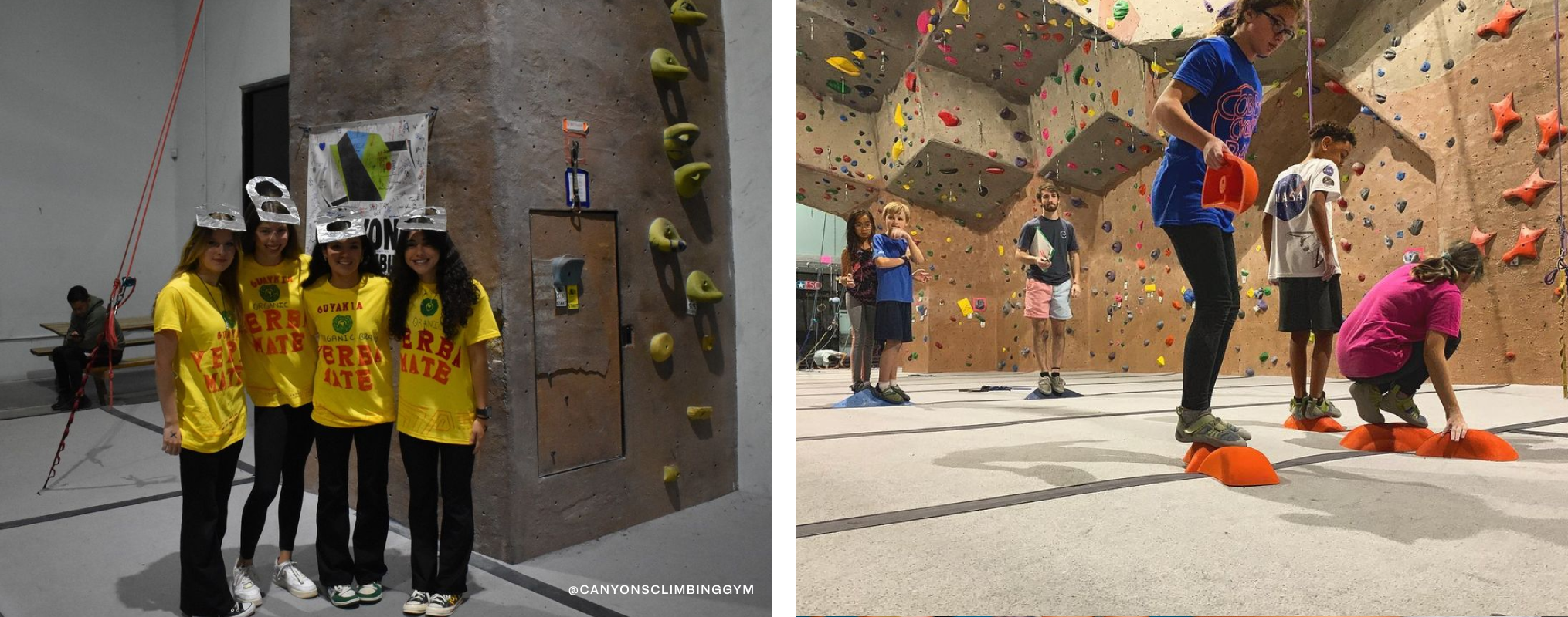 On left, four girls dressed as Yerba Mate cans pose for a group photo. On right, kids underneath a rock climbing wall.