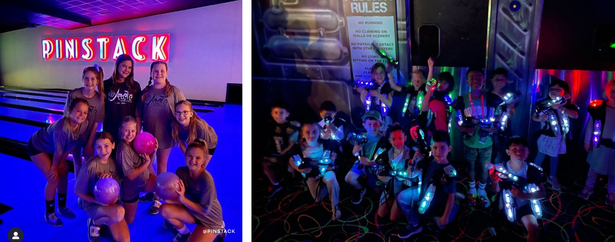 On left, a group of kids posing with bowling balls. On right, a group of kids posing with laser tag gear.