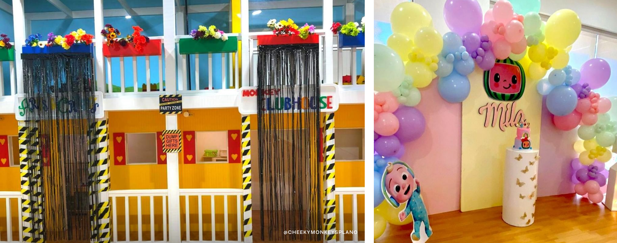 On left, a play area called "Monkey Clubhouse." On right, a birthday backdrop with a cake in front of it and colorful balloon arch.