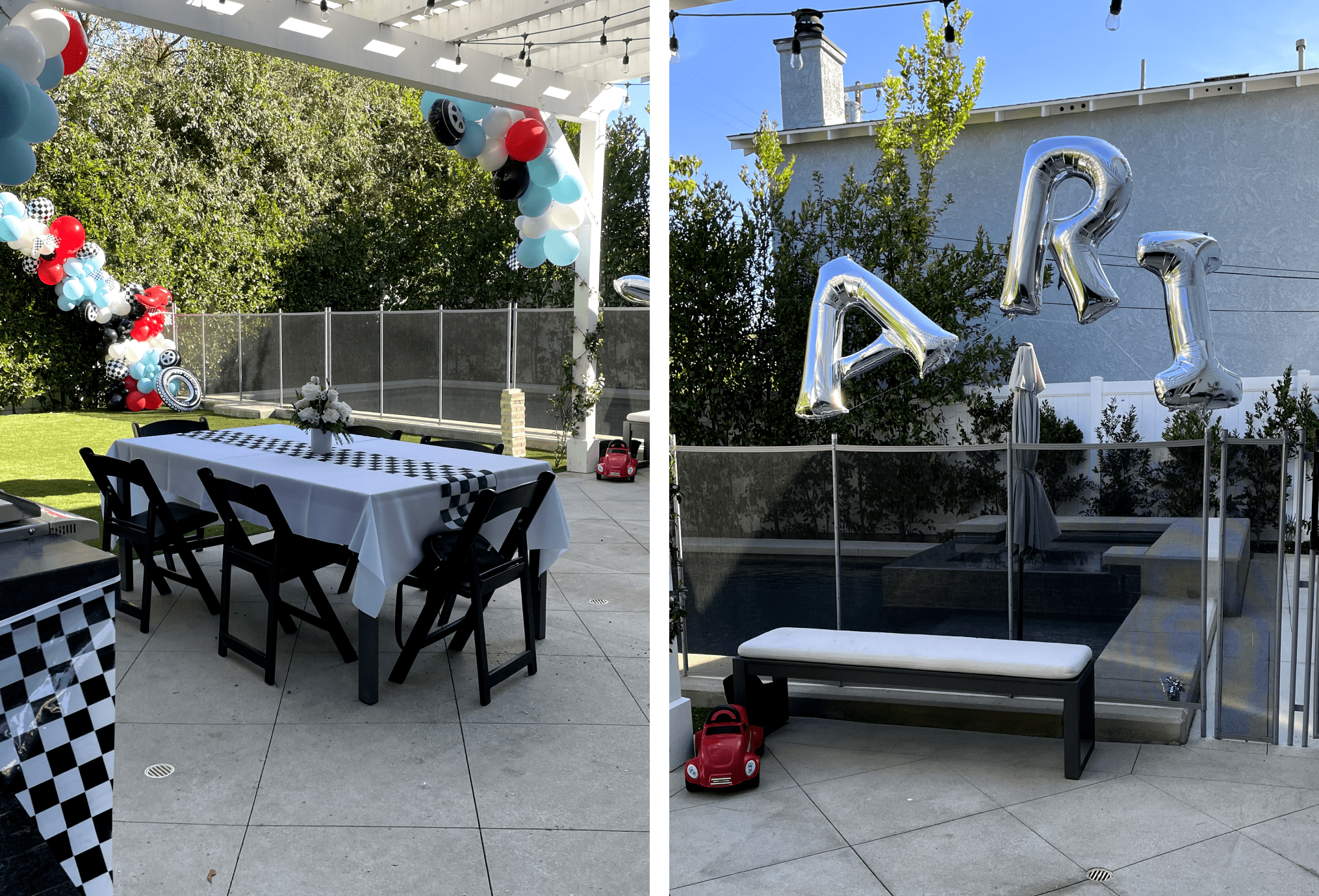 On left, car-themed party decor. On right, a balloon arch that says "Ari."