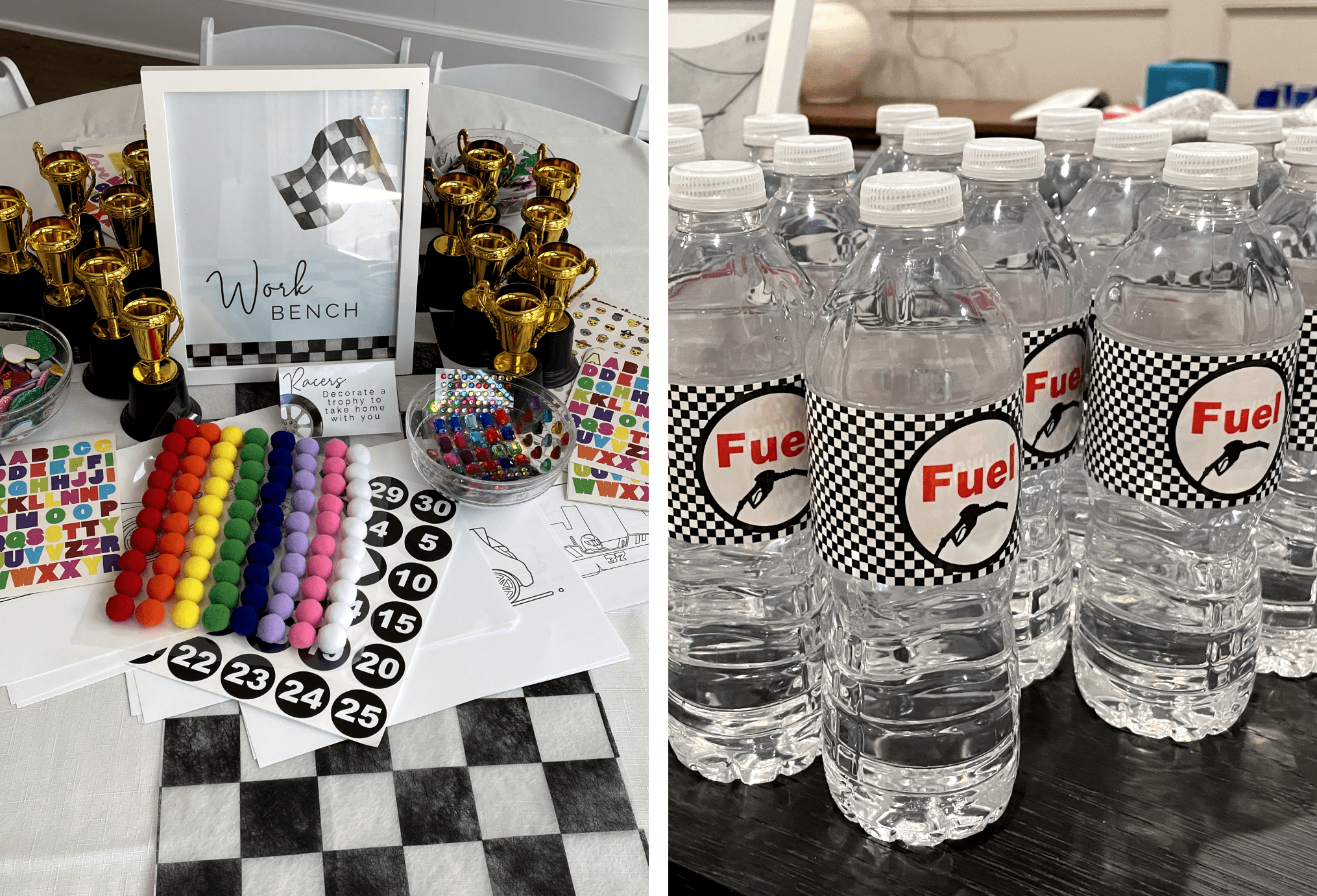 A decorate-your-own trophy crafting station and customized water bottles.