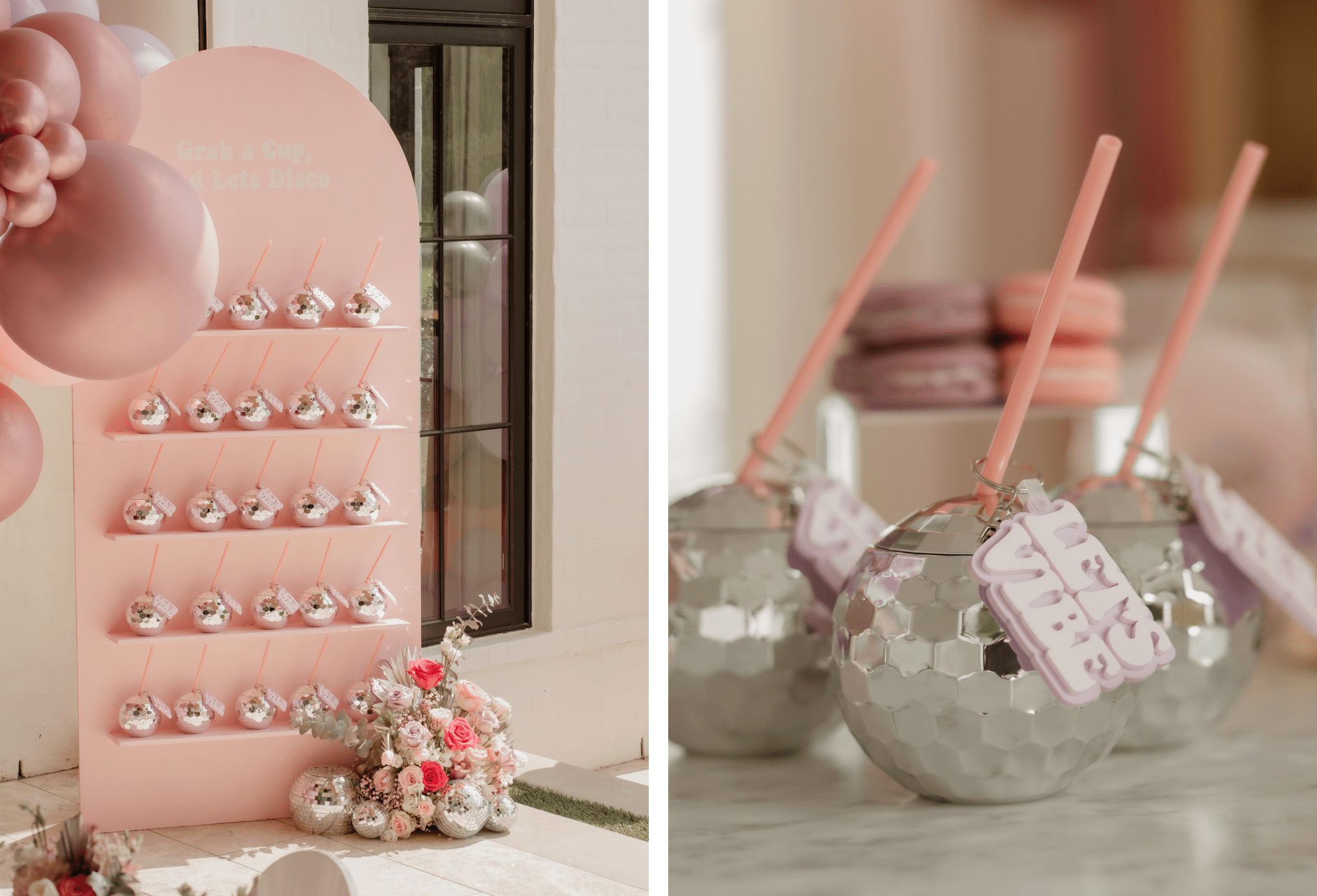 On left, a wall of disco ball cups on shelves. On right, a close-up of the disco ball cups.