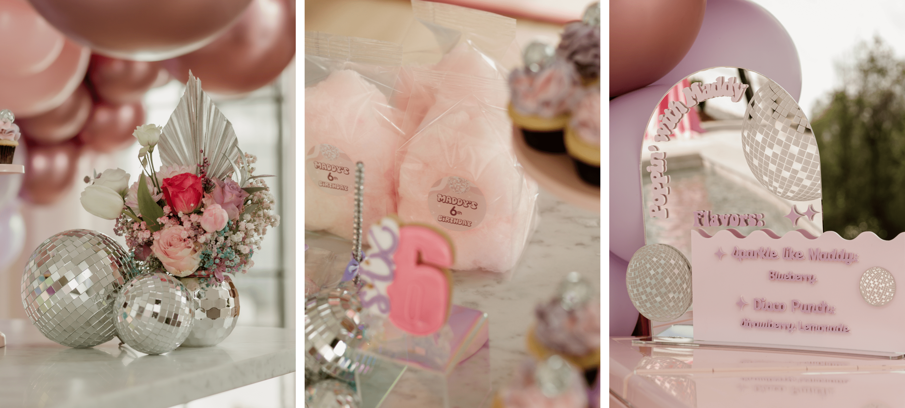 An image of disco ball vases, cotton candy, and a dessert menu.