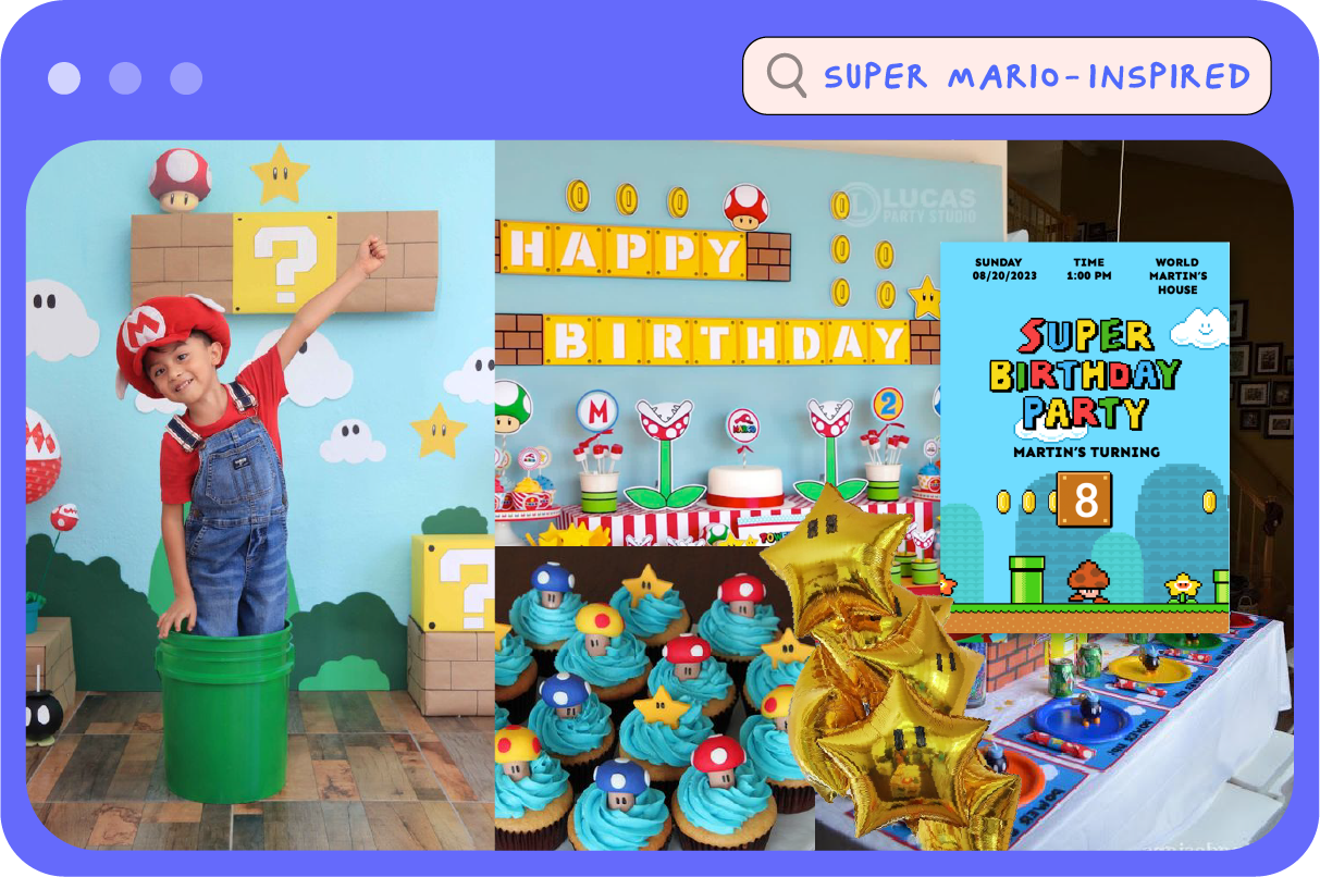 A collage of Super Mario-inspired party images and an invitation.