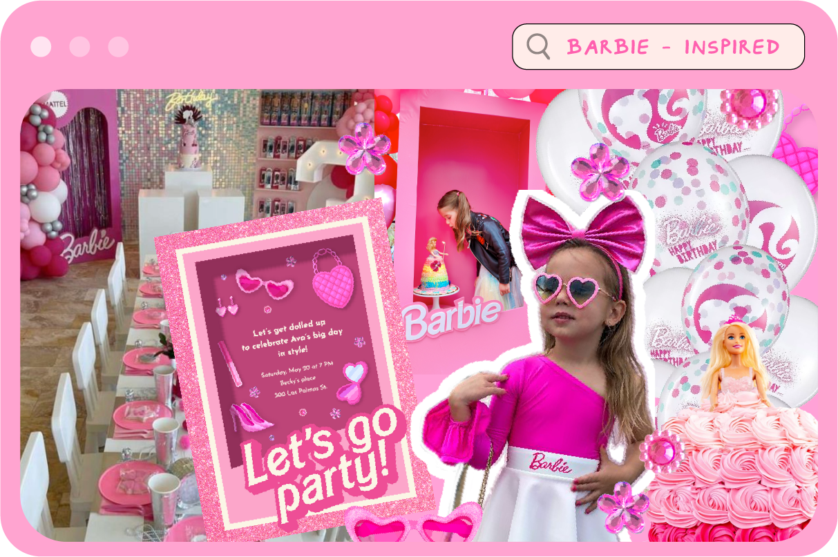 A collage of barbie-inspired party images and a Barbie-inspired invitation.