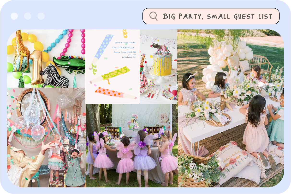 A collage of kids birthday images, including a fairy princess birthday and an animal-themed birthday.