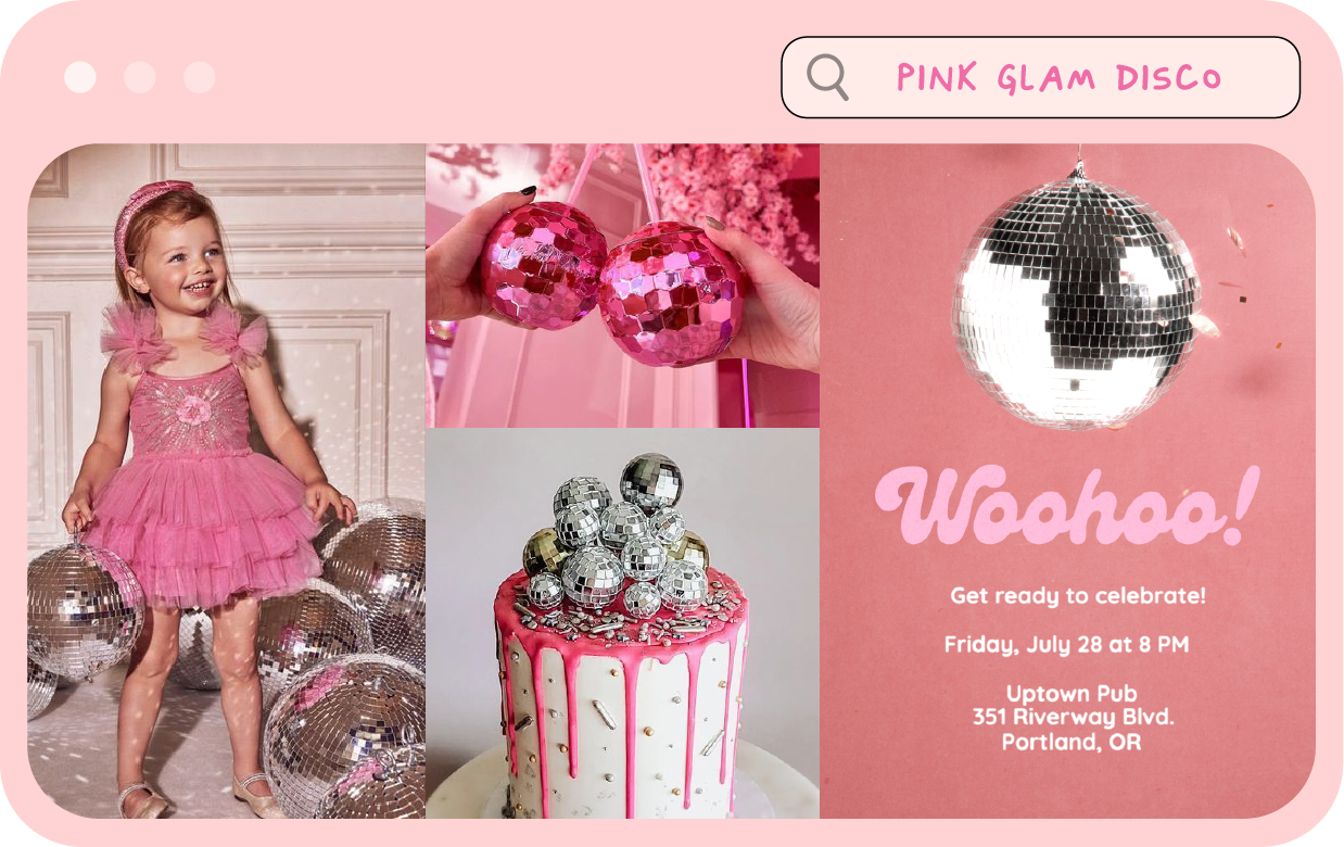 A collage of pink disco ball decor and an image of a disco invitation.