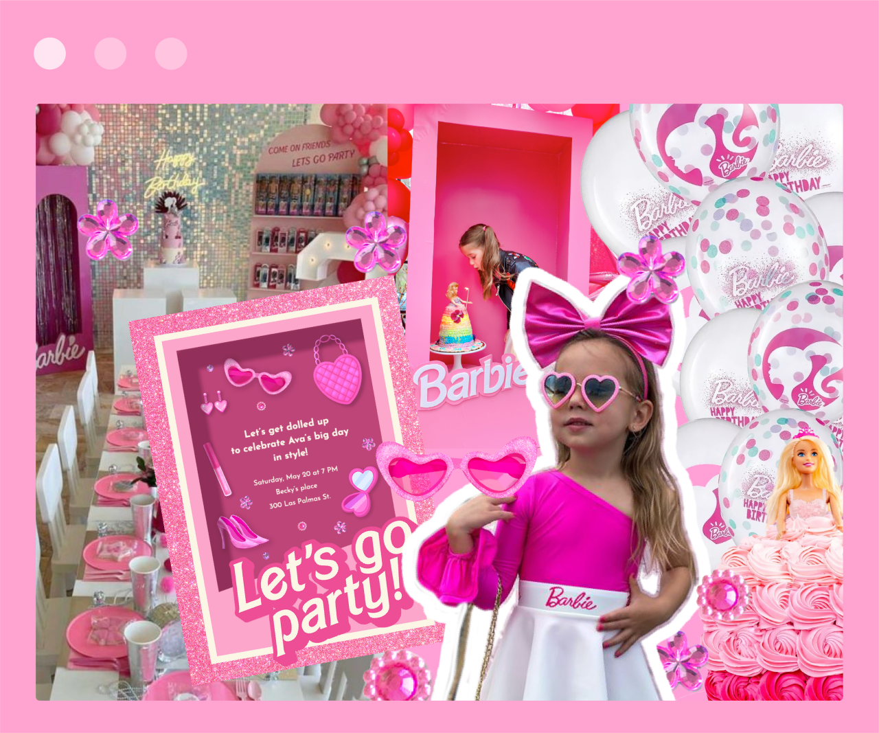 A collage of Barbie-inspired party images, decor and party favors with a little girl in pink in the foreground.