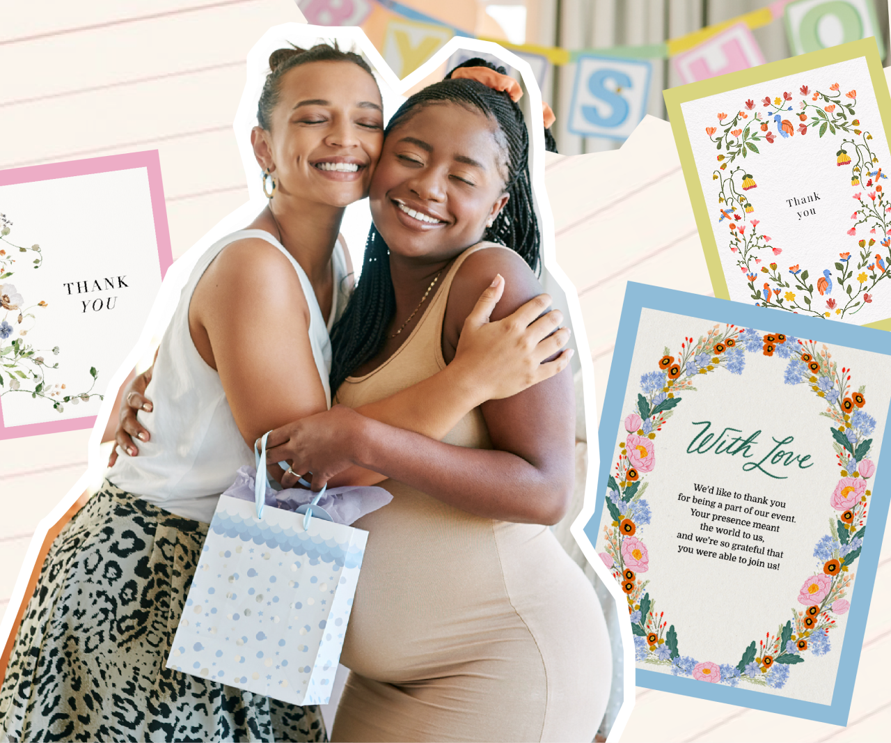 Two women hugging with baby shower thank you cards edited around them.