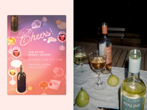 On the left, an invitation. On the right, wine bottles and glasses on a table.