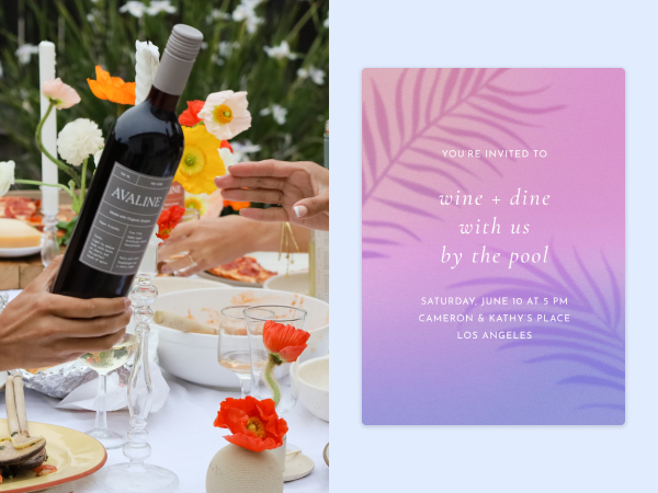 On the left, a hand passes a wine bottle to someone. On the right, an invitation.