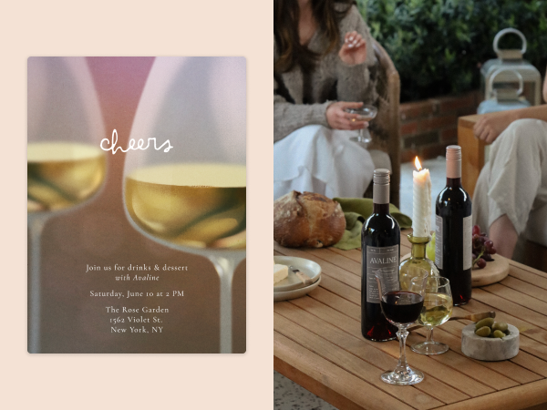 On the left, an invitation. On the right, an outdoor coffee table with a candle, bread, and wine bottles.
