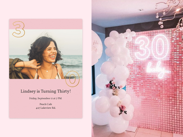 On left, a 30th birthday invitation. On right, pink, neon decor at a 30th birthday party.