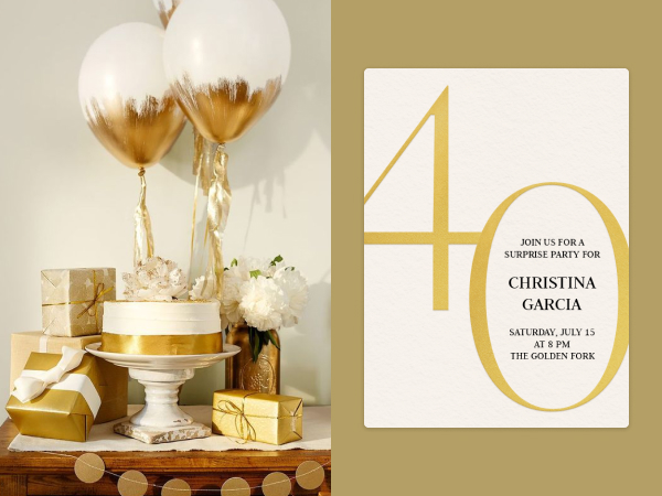 On left, a cake surrounded by gold decor. On right, a 40th birthday invitation.