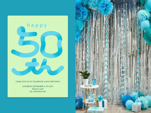 On left, a 50th birthday invitation. On right, silver streamers and blue decor at a birthday party..