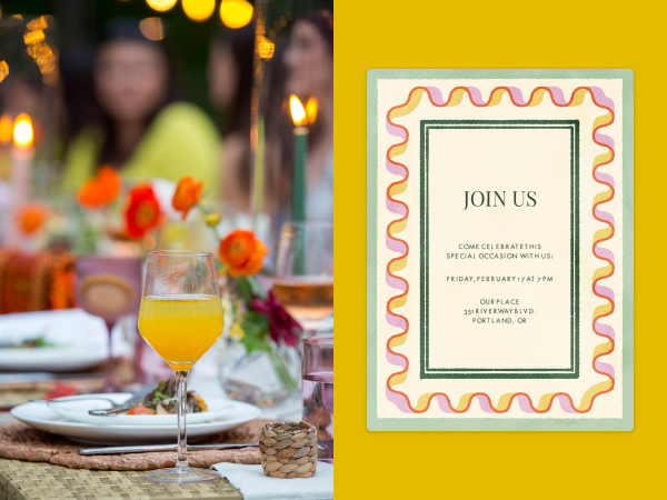 A garden party tablescape with an accompanying invitation.