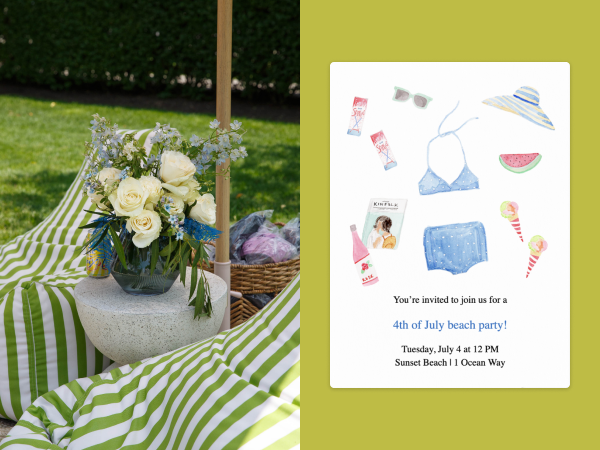 A vase of flowers surrounded by striped pillows with an accompanying summer fun invitation.