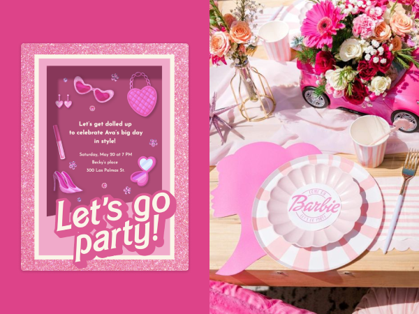 Fashion doll-inspired invitation next to a Barbie-themed party.