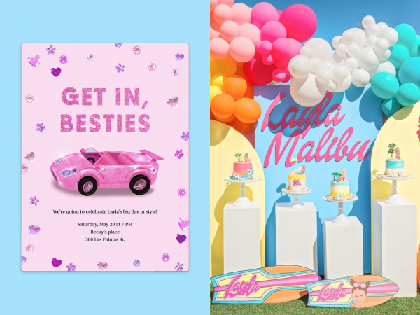 A surf-themed party and pink, glittery invitation. 