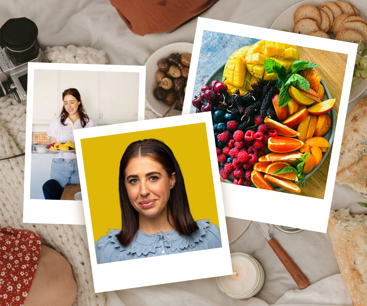 Three Polaroid-shaped images. Two are of Aliza J. Sokolow and one is of her kid-friendly charcuterie board.