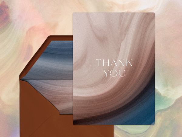 Thank you card with a tan and navy agate swirl design.