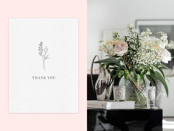 Textured white thank you card with a simple floral line illustration next to an image of a floral display.