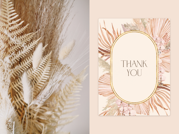 Blush thank you card with a pampas design border and oval center next to an image of dried flowers.