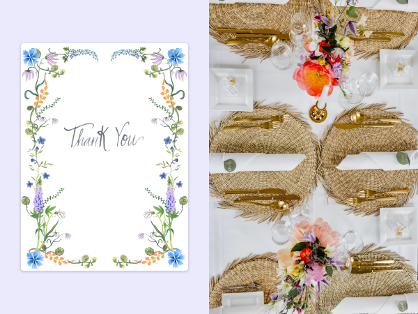 Hand painted thank you card with a purple and blue floral border next to an image of a tablescape.