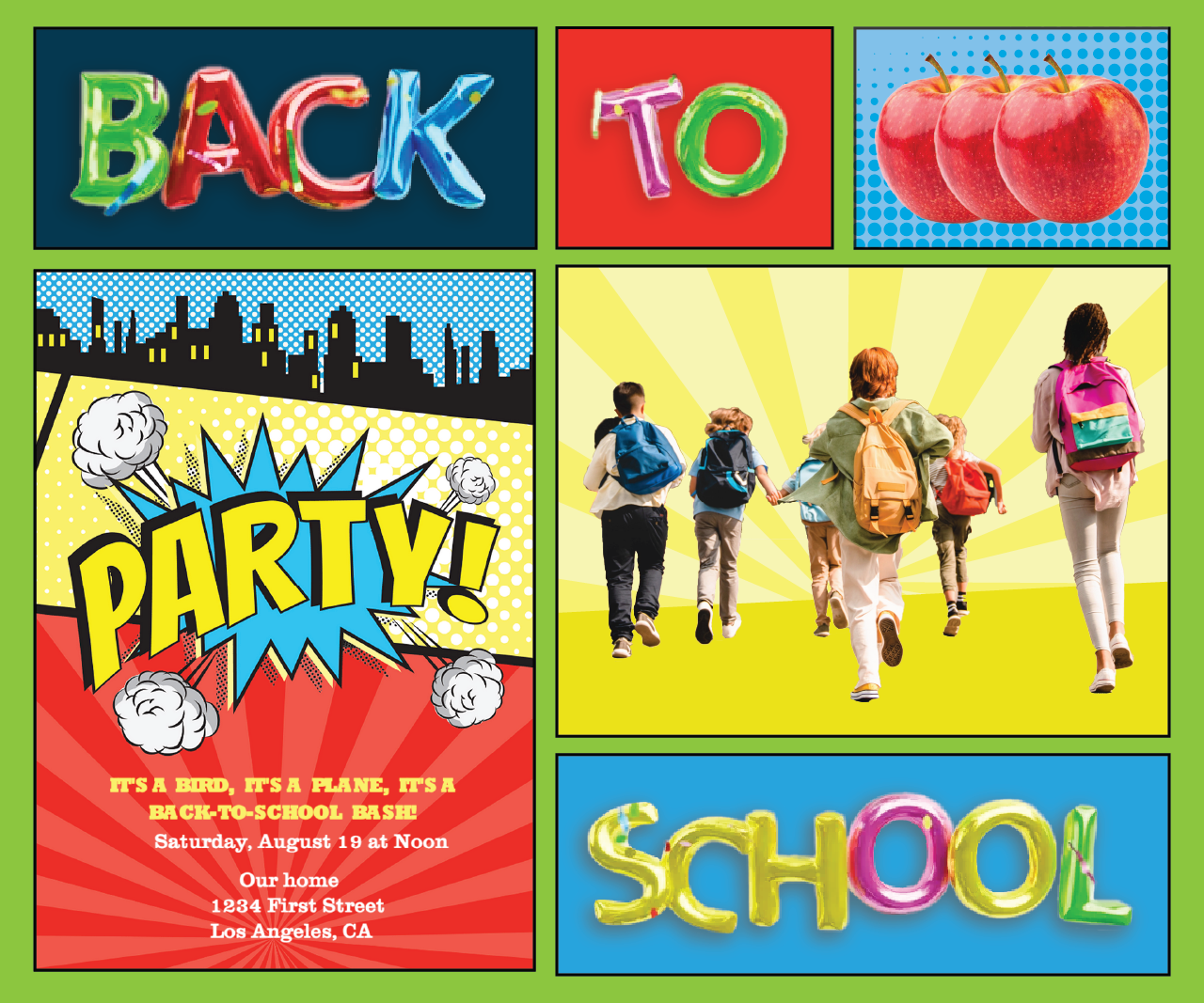 Colorblocked collage of back to school invitations, balloons and kids playing.