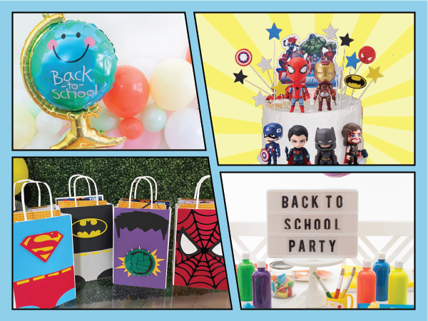 A comic book-style collage of different back to school party themes.