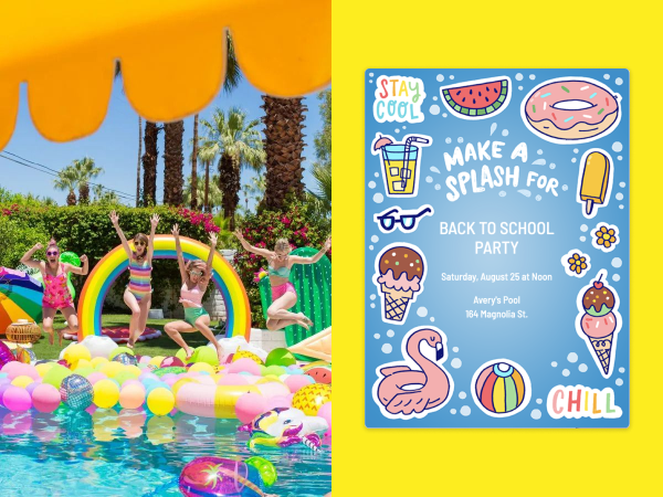 Image of kids playing in a pool next to a pool party invitation.