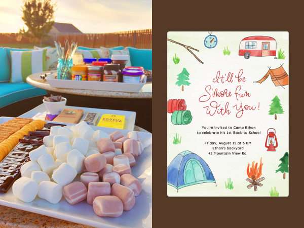 Image of a table set up for s'mores next to a camping invitation.