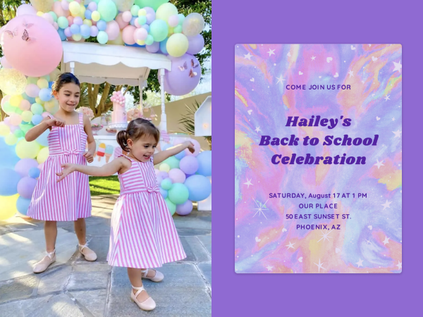 Image of two kids playing in front of balloons next to a tie-dye invitation.