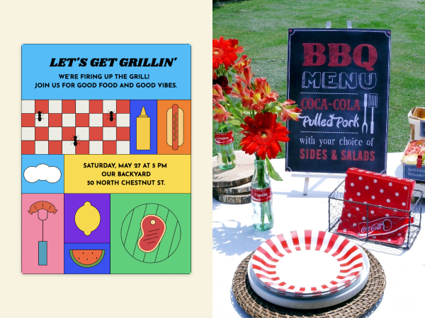 BBQ invitation next to an image of a BBQ tablescape.